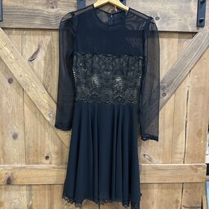 KAY UNGER Evenings BLACK Sheer Sleeve LACE Midi DRESS Women’s Sz 6 Gothic Vtg